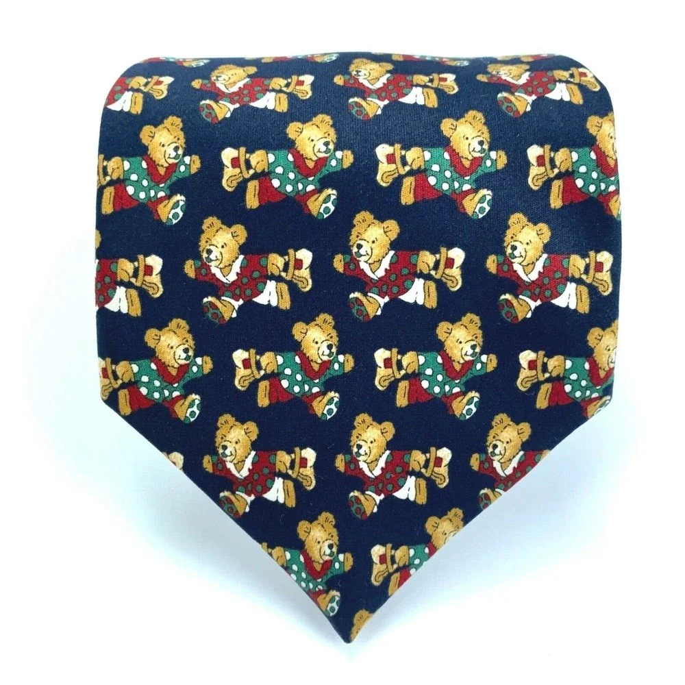 Como Seda Necktie Christmas Bear in Polka Dot Pj's Navy Blue Green Red White Tie